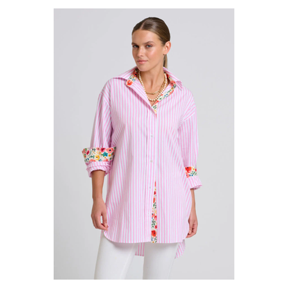 Shirty - The Boyfriend Shirt  | White & Pink Stripe/Floral Trim