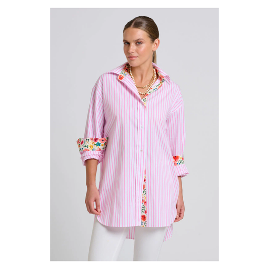 Shirty - The Boyfriend Shirt  | White & Pink Stripe/Floral Trim