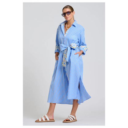 Shirty - The Luna Oversized Long Line Shirt Dress | Blue Stripe/ Floral Trim