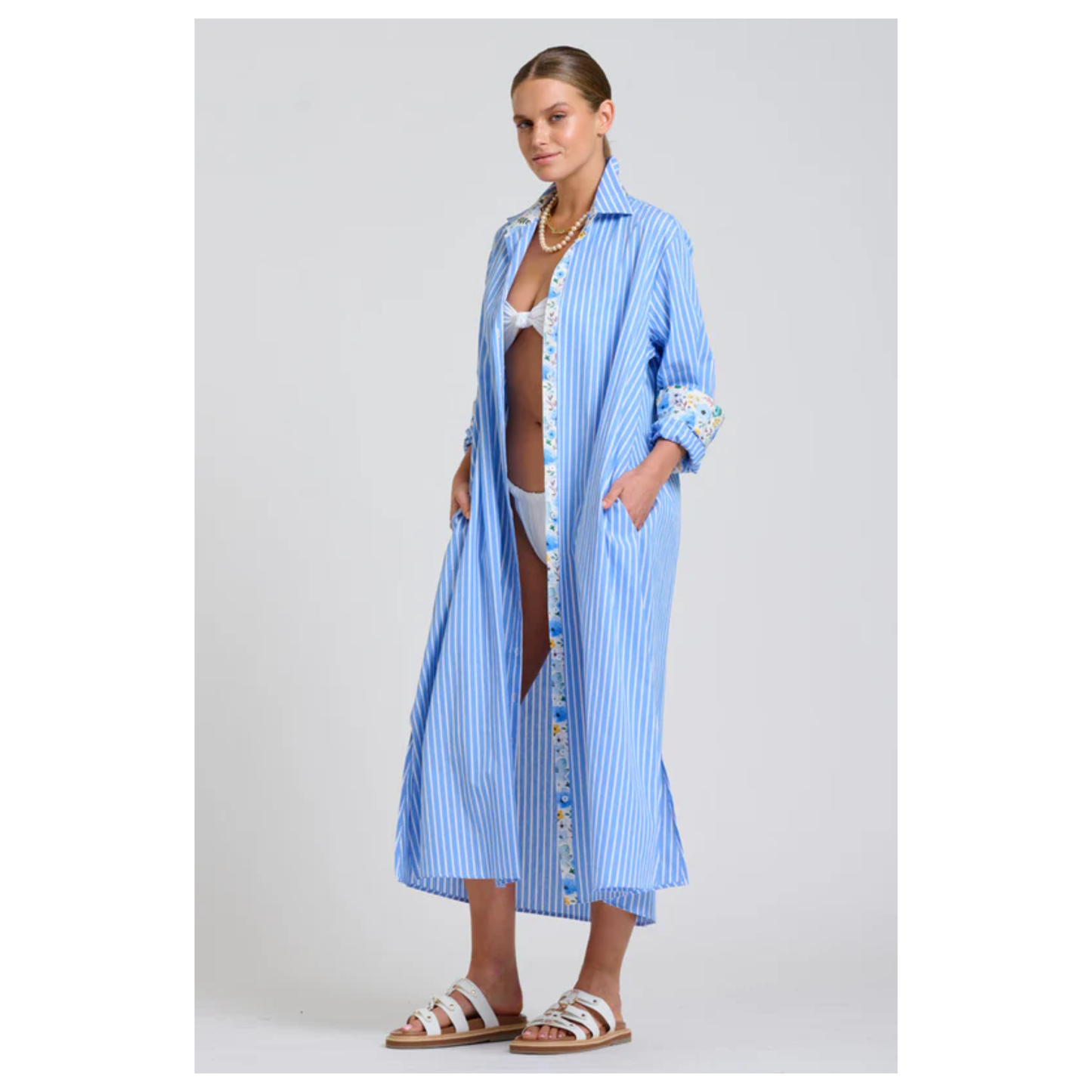 Shirty - The Luna Oversized Long Line Shirt Dress | Blue Stripe/ Floral Trim