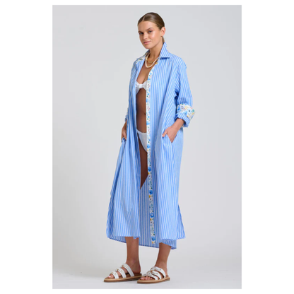 Shirty - The Luna Oversized Long Line Shirt Dress | Blue Stripe/ Floral Trim