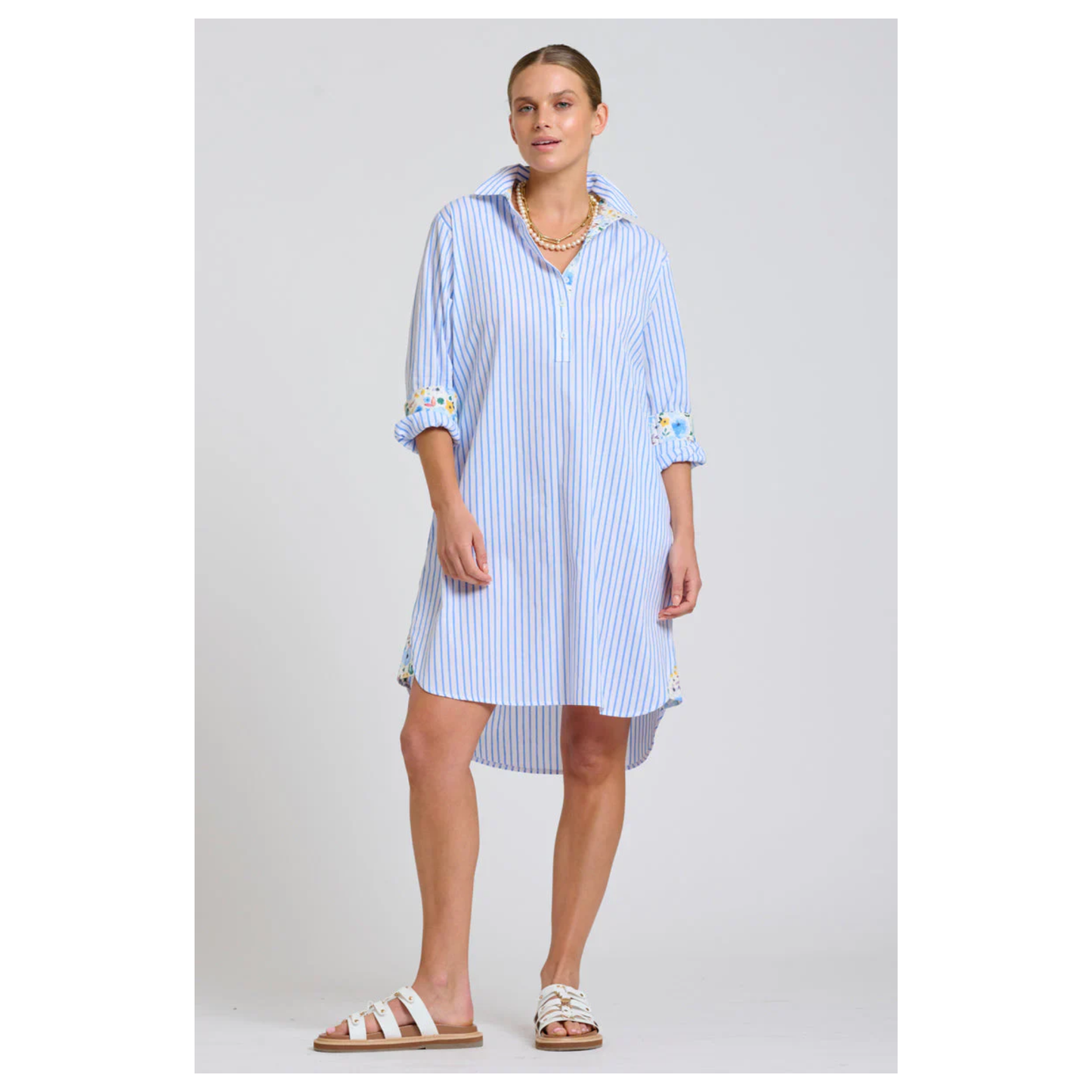 Shirty - The Popover Shirtdress - White with Blue Stripe/Floral Trim