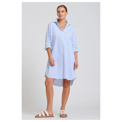 Shirty - The Popover Shirtdress - White with Blue Stripe/Floral Trim