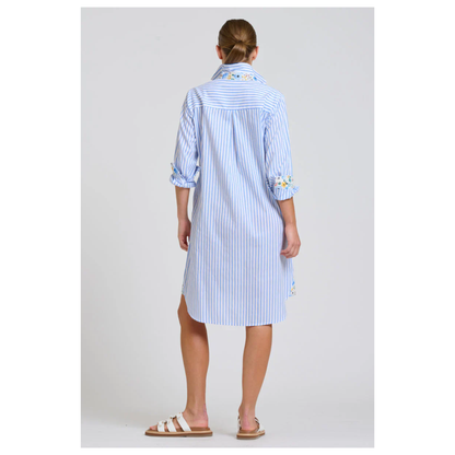 Shirty - The Popover Shirtdress - White with Blue Stripe/Floral Trim