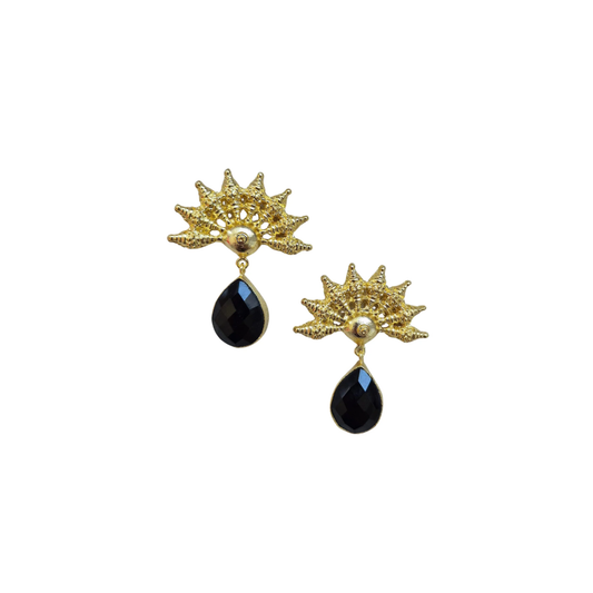 Jewellery - Gold Fan with Black Gem Drop Earring | 4003