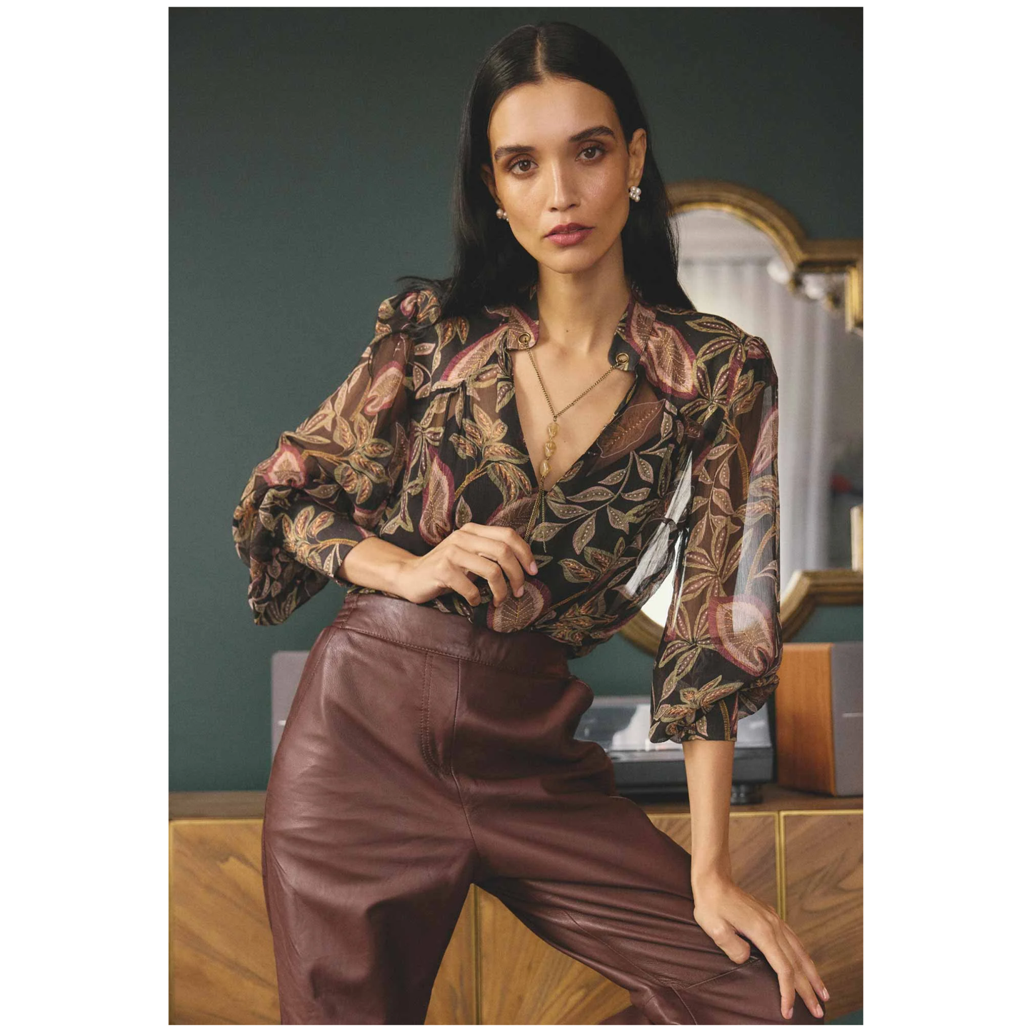Once Was - Freya Sheer Blouse with Embellished Neck Detail | Dark Tropique