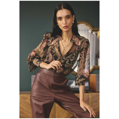 Once Was - Freya Sheer Blouse with Embellished Neck Detail | Dark Tropique