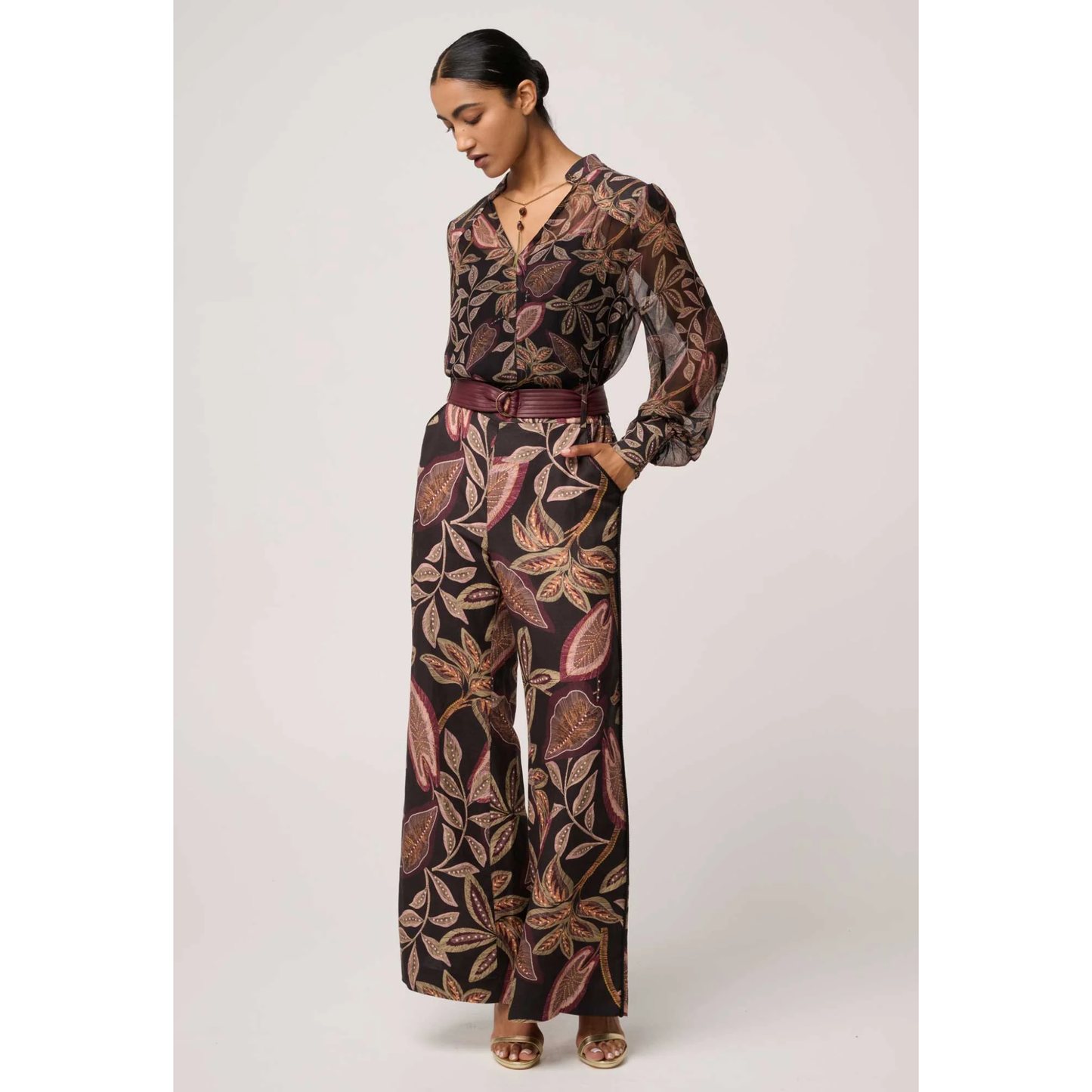 Once Was - Freya Sheer Blouse with Embellished Neck Detail | Dark Tropique