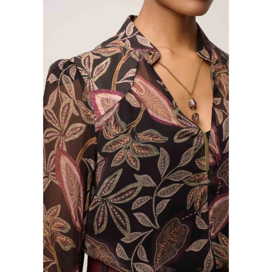 Once Was - Freya Sheer Blouse with Embellished Neck Detail | Dark Tropique