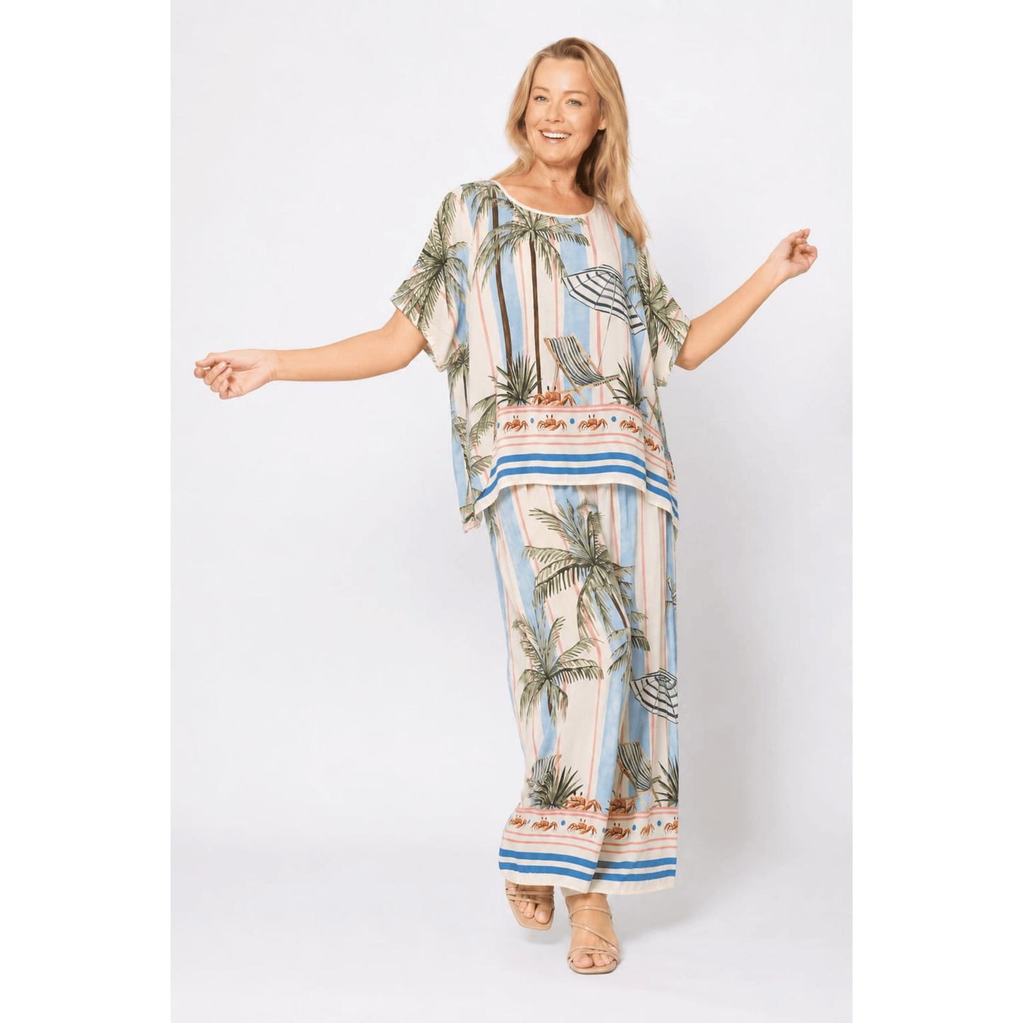 Palm Tree Pants | Cream/Celeste Stripe