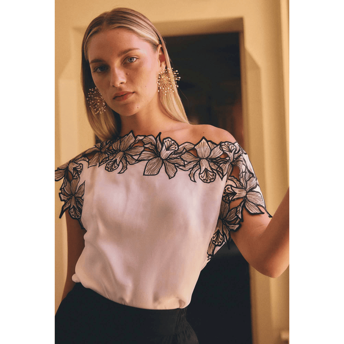 Eleanor Embroidered Wide Neck Top | Ivory | Once Was