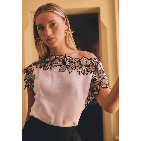 Eleanor Embroidered Wide Neck Top | Ivory | Once Was