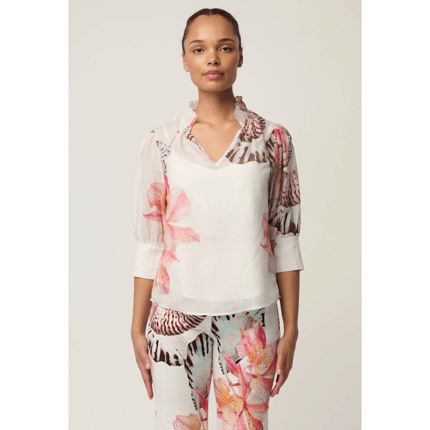 Oleander Cotton Silk Shirred Top | Nautilus Bloom | Once Was