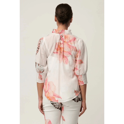 Oleander Cotton Silk Shirred Top | Nautilus Bloom | Once Was