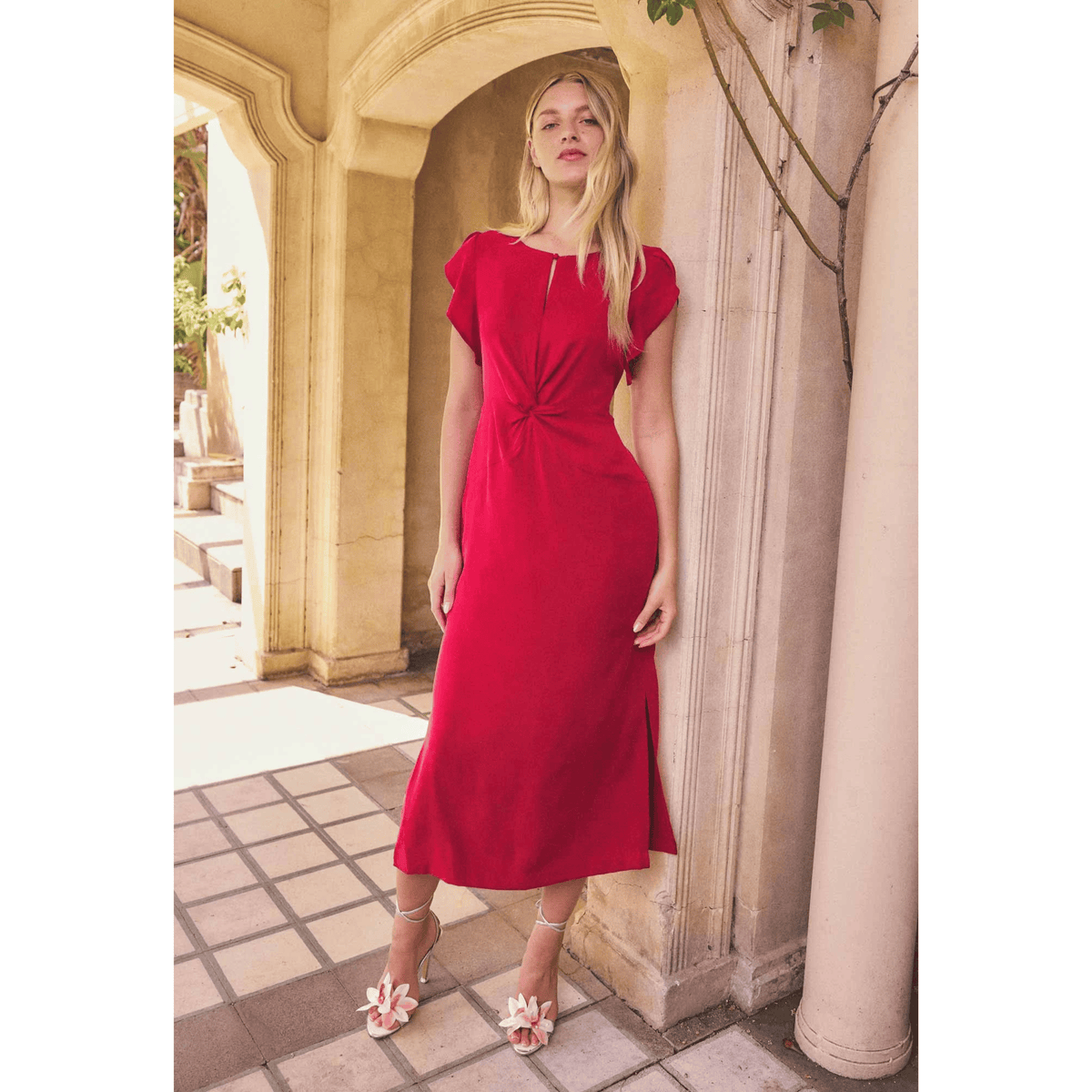 Geneva Twist Column Midi Dress | Dahlia Red | One Was