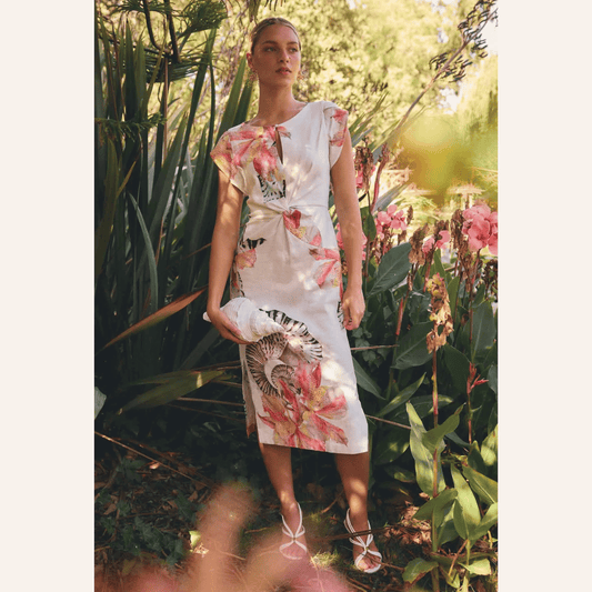 Geneva Stretch Linen Twist Column Dress | Nautilus Bloom | Once Was