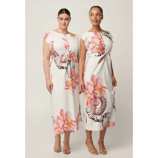 Geneva Stretch Linen Twist Column Dress | Nautilus Bloom | Once Was