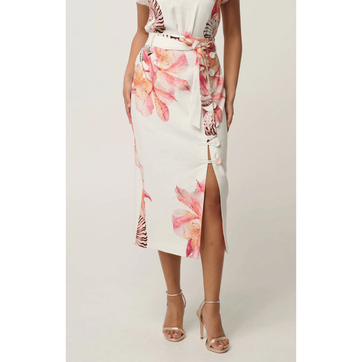 Adria Linen Detail Print Midi Skirt | Nautilus Bloom | Once Was