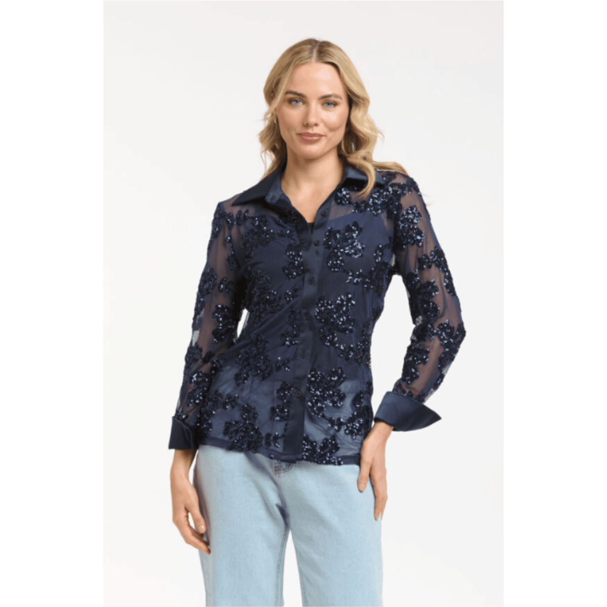 Lazio Sequin Lace Shirt | Navy | Urban Luxury