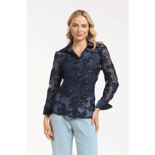 Lazio Sequin Lace Shirt | Navy | Urban Luxury