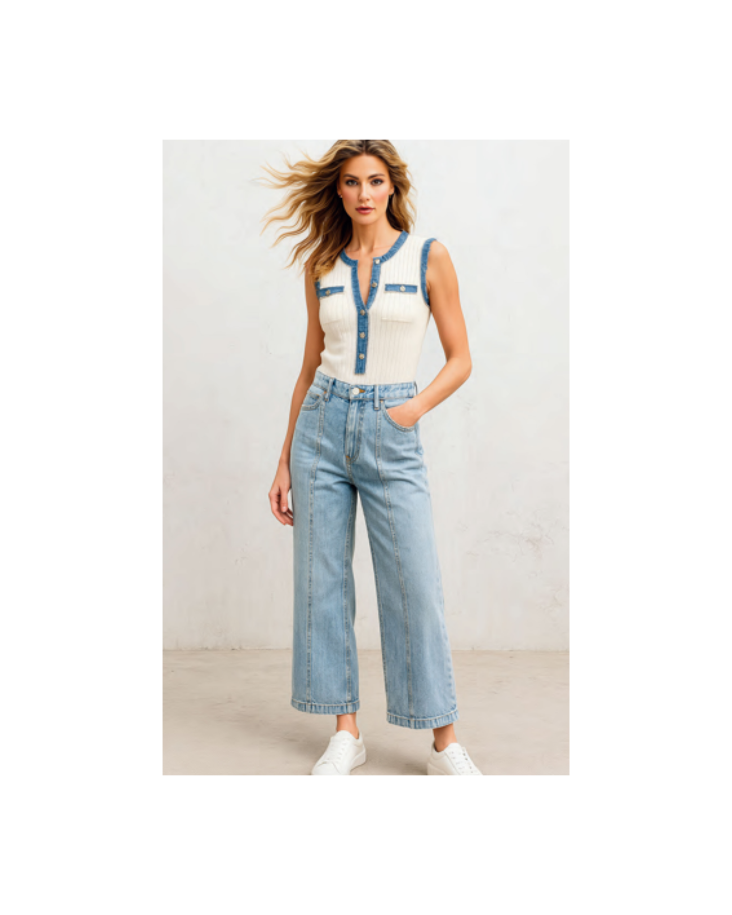 Chile Top | White/Denim Blue